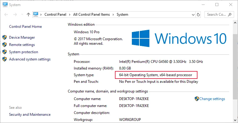 windows 10 - property window - system architecture highlighted